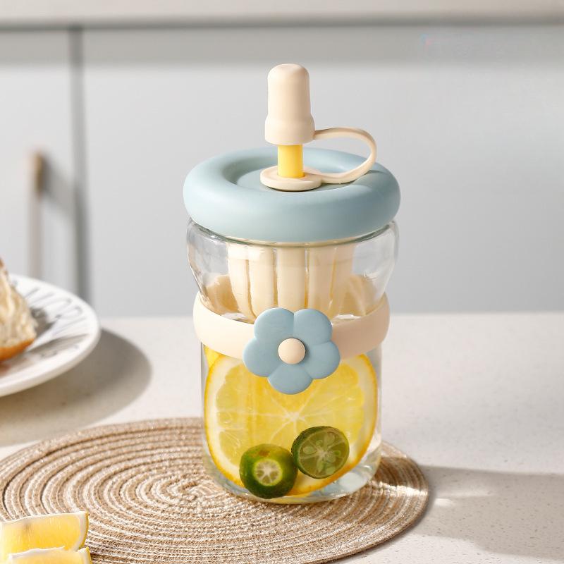 Summer Simple Flower Cup with Straw Coffee Cup Girls' Glass Water Cup