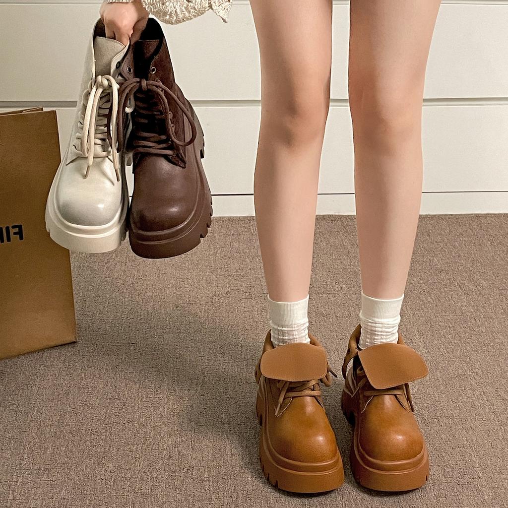 Stivali Martin da donna marroni retrò con tacco spesso e plateau, nuovi autunno 2025, da indossare con la gonna, stivaletti corti Maillard slim