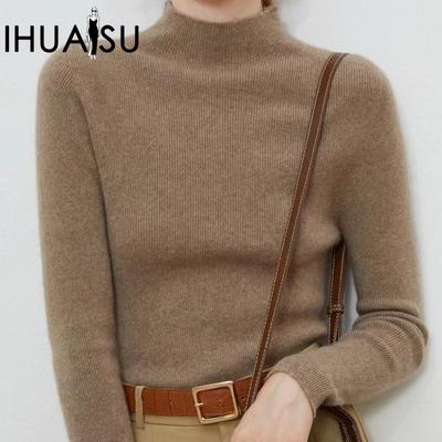 Women's Semi-high Neck Wool Sweater Women 100% Pure Wool Slim Cashmere Knitting Bottoming Tight Inner Jumper