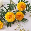Artificial Marigold 3 Head UV Resistant Fake Silk Flower with Leaves Indoor Outdoor Garden Table Centerpiece Faux Bloom Decoration