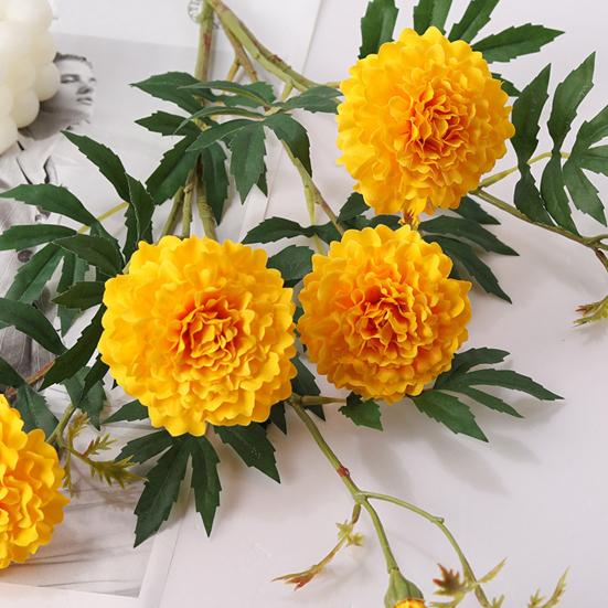 Artificial Marigold 3 Head UV Resistant Fake Silk Flower with Leaves Indoor Outdoor Garden Table Centerpiece Faux Bloom Decoration