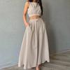 Khaki Baumwoll-Leinen-Spalt-End-Kurz-Ärmelloses Oberteil Sexy Bauchnabel-Freilegend Langes Rock-Set 1116 Europäisches und Amerikanisches Sommer-Zweiteiler-Set