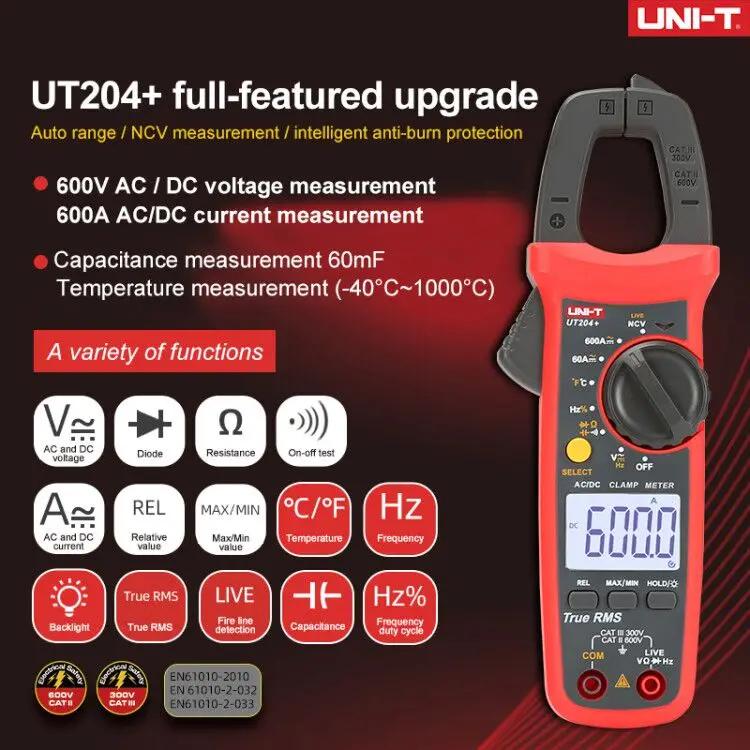 UNI-T UT201/202/203/204 Plus Digital Clamp Meter 400-600A Current Auto Range True RMS Pliers Ammeter Voltmeter Resistance Tester