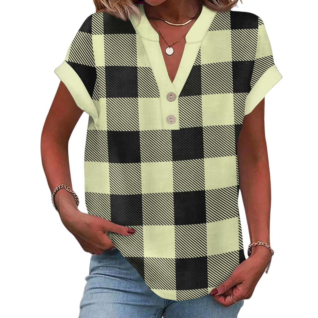 Women's Casual Fashion V-Neck Button Plaid Printed Short Sleeve Top