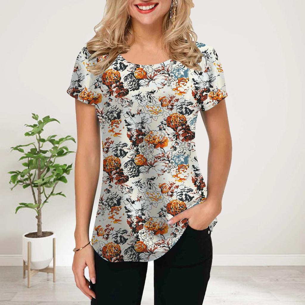 Women Summer T Shirt Orange Peony Print Short Sleeve Tees Casual Printed Tops