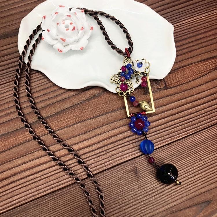 Retro Glazed Long Necklace, Women's Versatile Temperament Sweater Chain Agate Pendant Fringed Pendant Accessories
