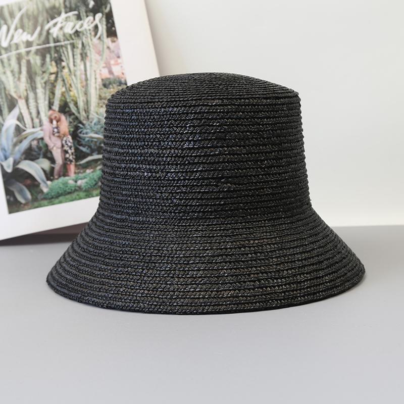 INS Photo Natural Black Straw Bucket Hats Fashion Beach Hat Summer Women Lady Sun Hats