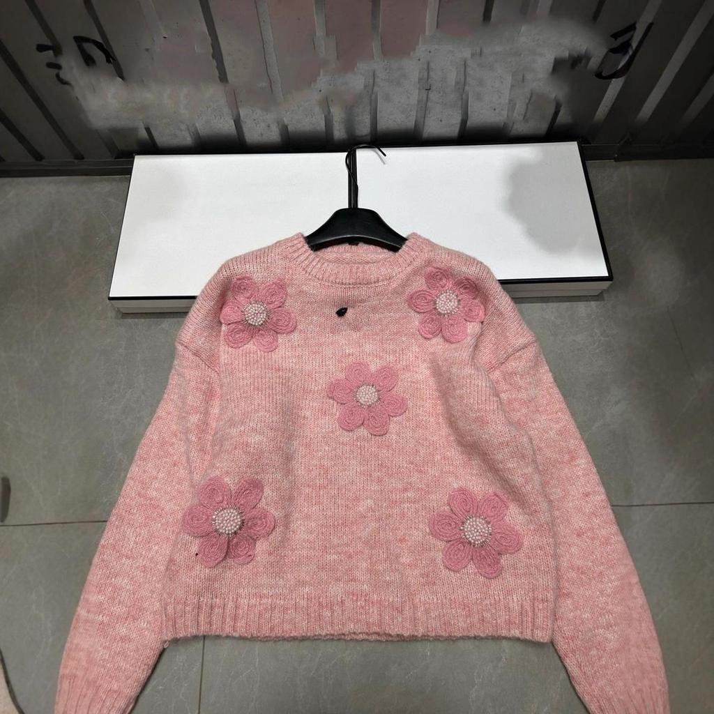 Xiangjia 2025 Floral Knit Round Neck Pullover - Autumn/Winter Loose Long Sleeve Top