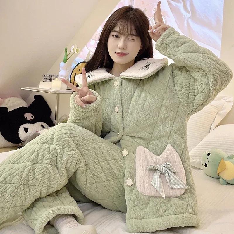 Winter Flannel Warm Nightwear for Young Girl Cardigan Lapel Pajamas Set Coral Fleece Warm Homewear Three-layer Pajamas Set