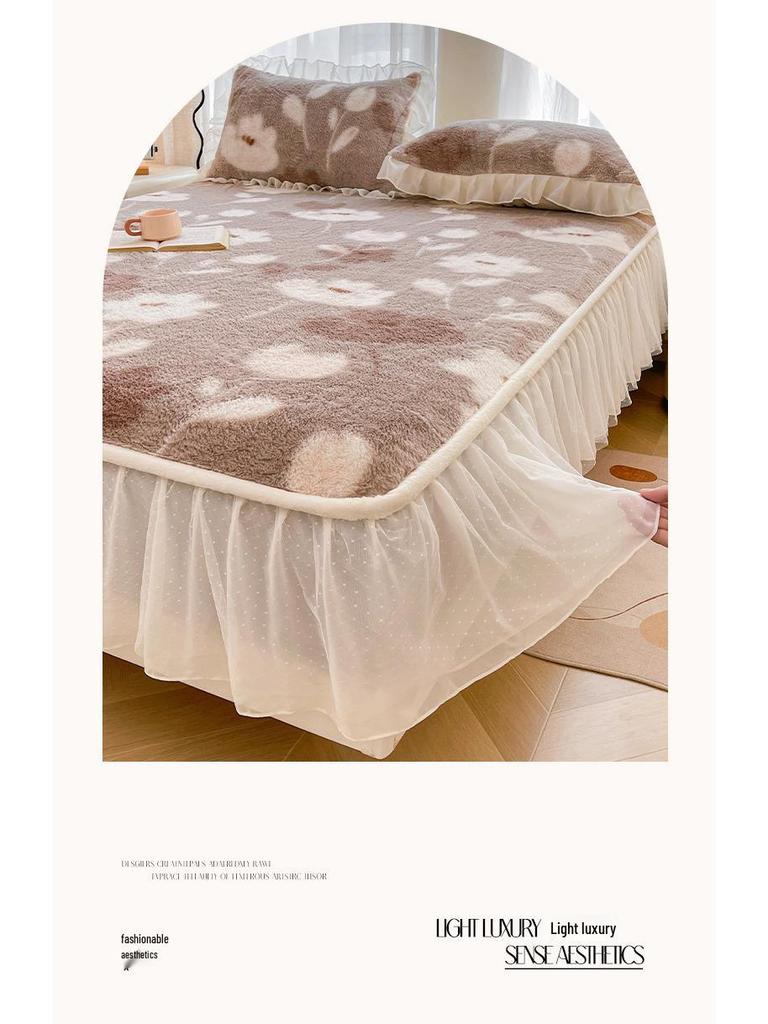 French Rabbit Fur Double-Layer Lace Fitted Sheet Bed Skirt 3-Piece Set