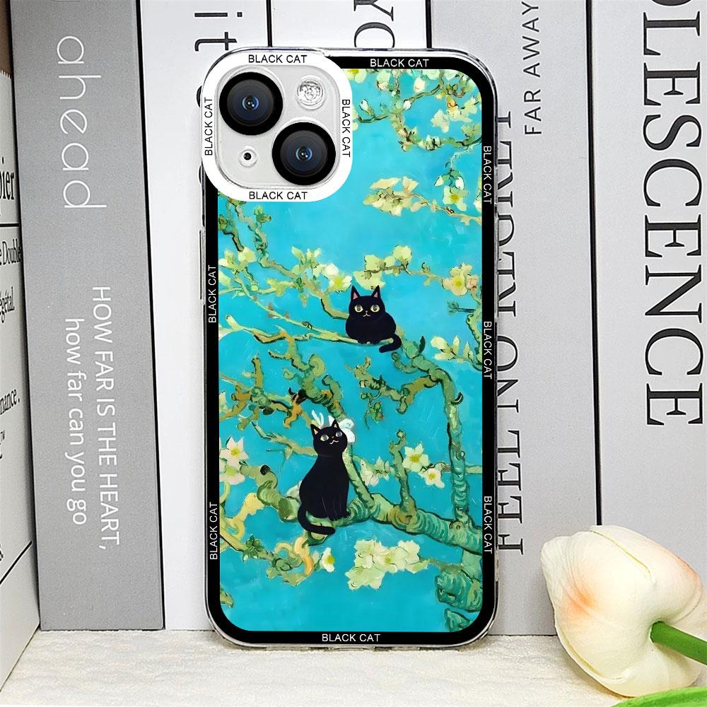 Retro Oil Painting Van-Gogh Flower Art Cat Phone Case for IPhone 16 15 11 13 12 Mini 14 Pro Max 7 8Plus SE X XS Soft Cover Shell