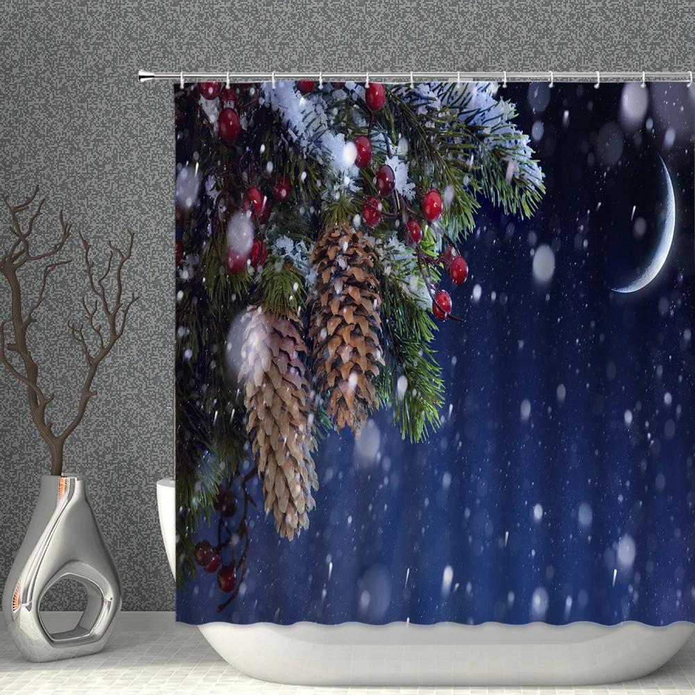 ChristmasTree Bells Shower Curtain Set Happy New Year Waterproof Polyester Cloth Curtains With Hooks Bathroom Home Decor