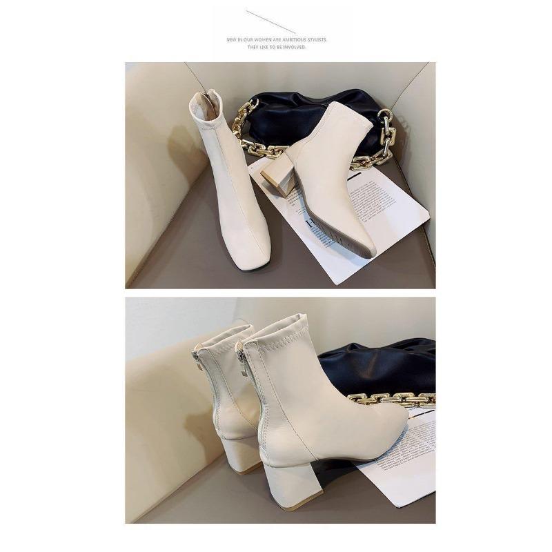 Women's Boots, Winter Square Head Back Zip Short Boots, Women's Chunky Heel Middle Heel Boots Women