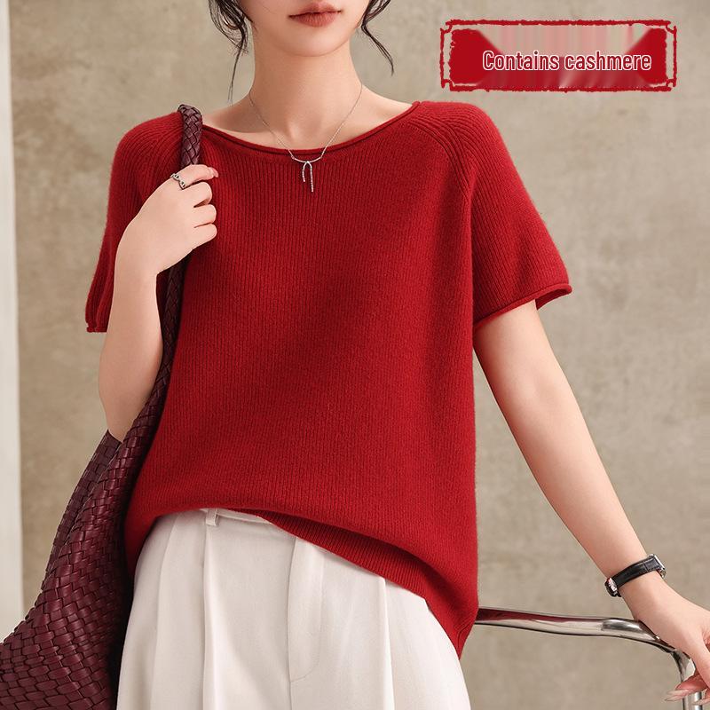 2026 Spring Women's Cashmere Wool Blend Rolled Collar Knit Half Sleeve Top