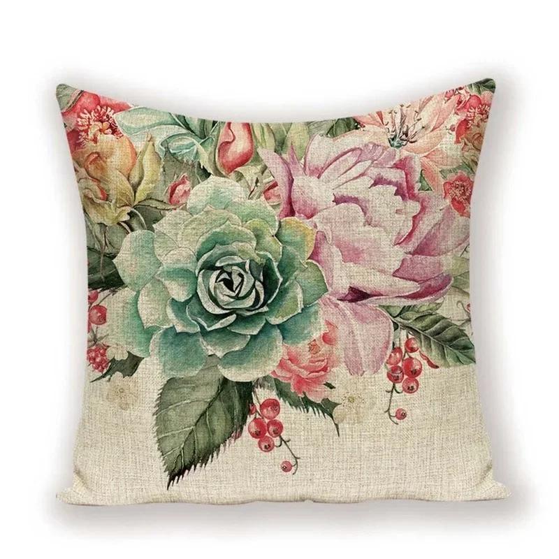 Vintage Floral  Linen Pillow Case Sofa Living Room Seat Car Soft Cushion Cover Home Decorative Pillowcase 45*45cm
