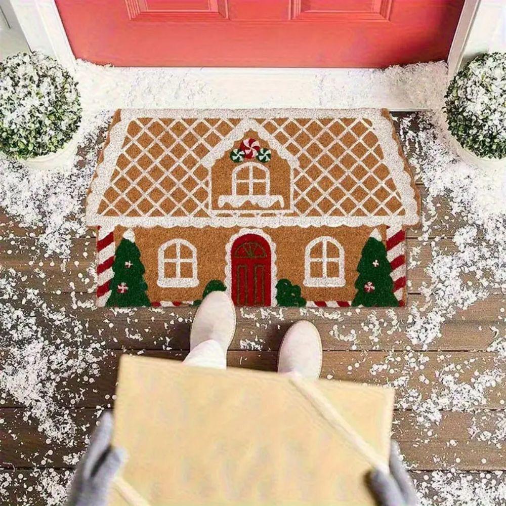 Christmas Gingerbread House Shaped Area Rug Non-Slip Soft Microfiber Door Mat Plush Decorative Rug Welcome Mat Home Decor