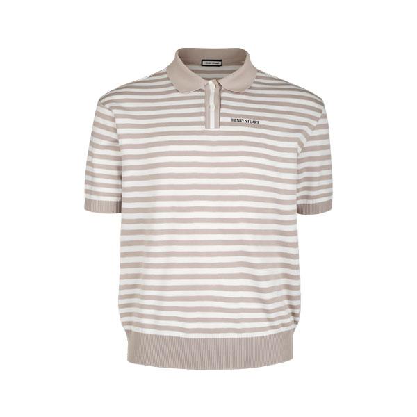 HENRY STUART Men'S Striped Short Sleeve Polo Knit Short Sleeve T-Shirt Beige