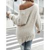Women'S Elegant Off-Shoulder Fringe Sweater - Long Sleeve, Asymmetrical Hem, Solid Color,   Cute Sweaters
