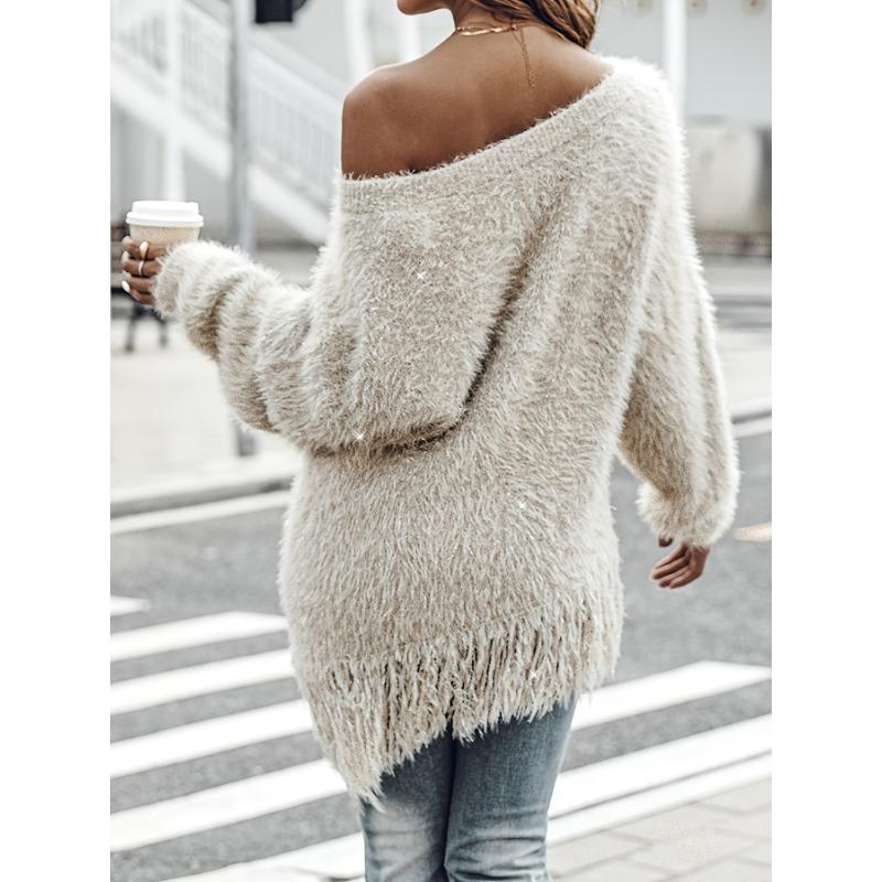 Women'S Elegant Off-Shoulder Fringe Sweater - Long Sleeve, Asymmetrical Hem, Solid Color,   Cute Sweaters