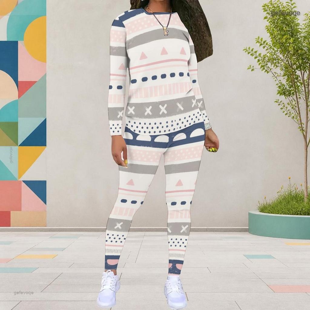 Women Plus Size Cream White Printed Round Neck Long Sleeve Top And Fitted Pants Two Piece Set