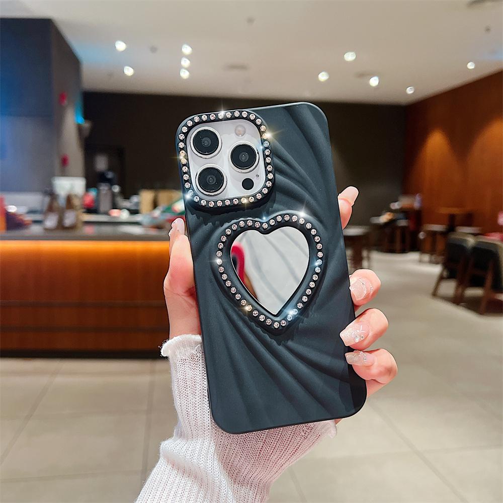 Fashion Women Girls Phone Case For iPhone 16E 16 Pro Max 7 8 X XR XS 11 12 13 14 15 Plus Heart Makeup Mirror Glitter Frame Cover