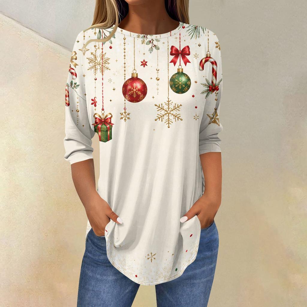 Women's Christmas Print Three-Quarter Sleeve Neck T-Shirt Top
