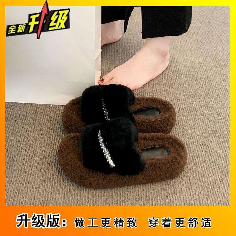 2025 autumn and winter new thick-bottomed fluffy slippers for women, fashionable and versatile for outdoor wear, indoor and outdoor lazy cotton slippe