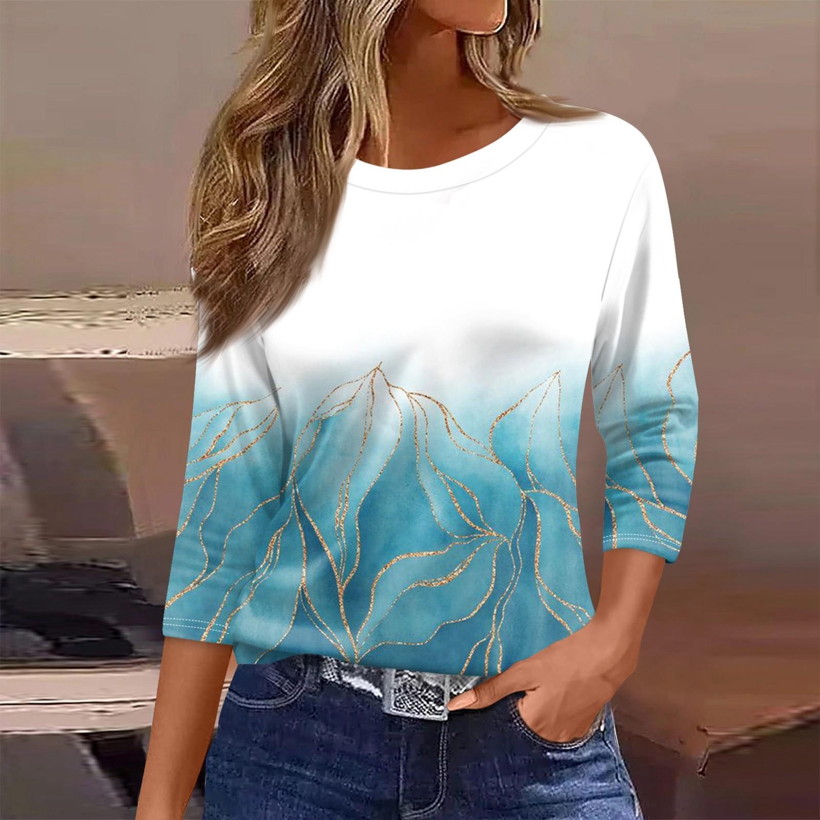 

Женская футболка, модная повседневная футболка с круглым вырезом и рукавом 3/4, свободная футболка с принтом, женская футболка XL циан