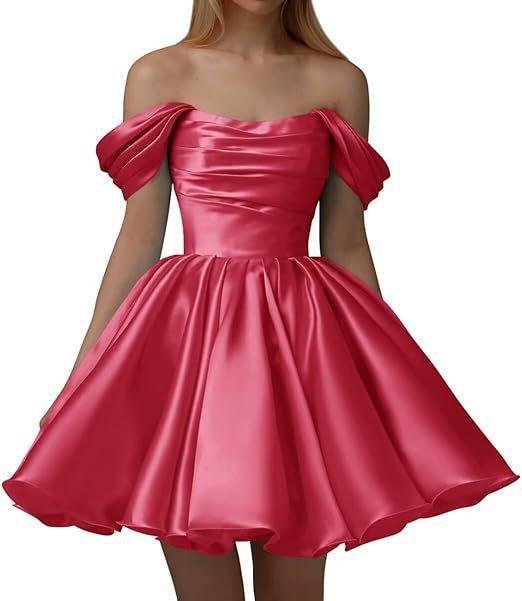 European and American one-word shoulder dress new satin short pleated dance wedding party dress daily dress