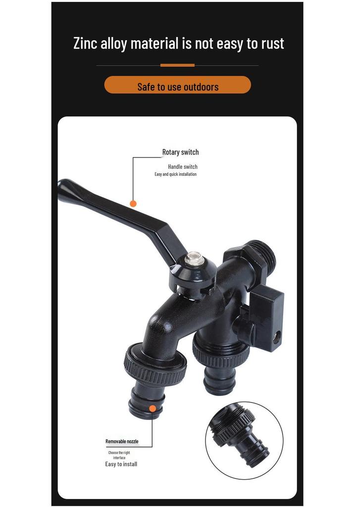 Black-Plated Zinc Alloy Double Outlet Garden Faucet