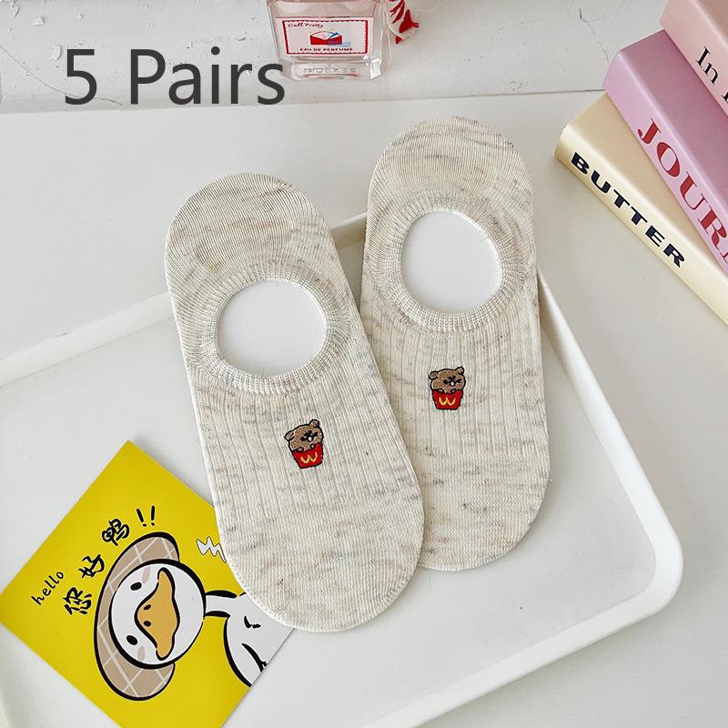 

5 пар женских тонких нескользящих носков-лодочек с милой вышивкой в виде мультфильма на весну и лето 5 Pairs