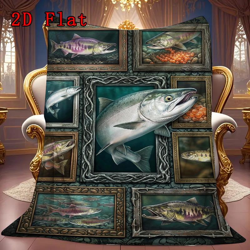 Salmon Collection 2D Flat Pattern Flannel Blanket, High Quality All Seasons, Home Decor, Warmth and Comfort, Perfect for Christmas Gifts.