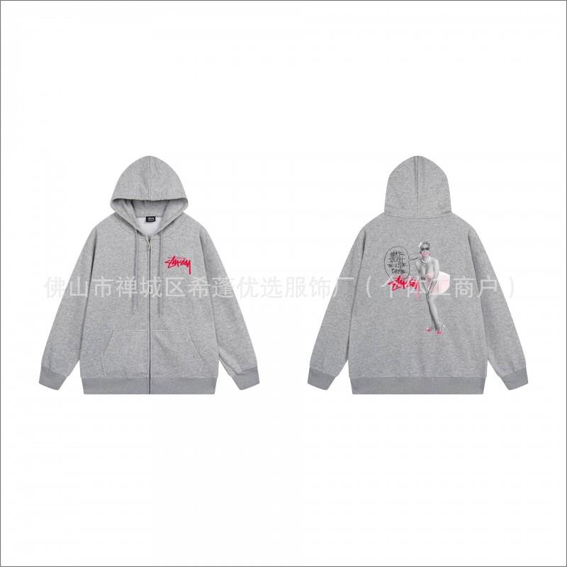 Hooded Zip-Up Sweatshirt Men Women Letter Print Loose Fit Casual Streetwear
