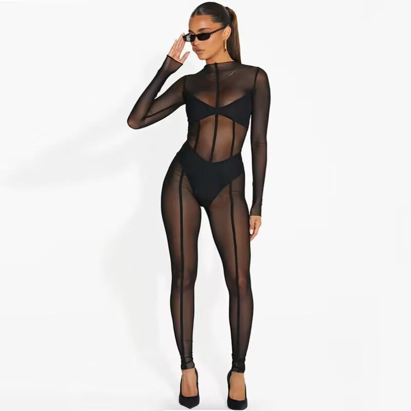 2024 Summer Sexy See-Through Mesh Jumpsuit - European & American Long-Sleeved Style