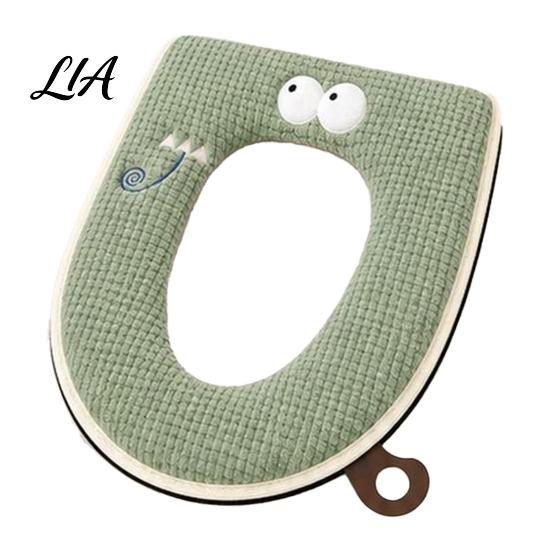 Winter Warm Toilet Seat Cover Zippered with Handle, Soft Jacquard Suede Hygienic Lifter Mat, Cartoon Pattern Washable Bathroom Pad for Most