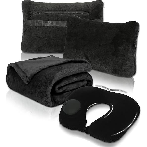 Travel Blanket and Pillow Set - Portable Inflatable Travel Neck Pillow and Premium Soft Airplane Blanket with Built-in Soft Bag, Neck Snaps, Zippered