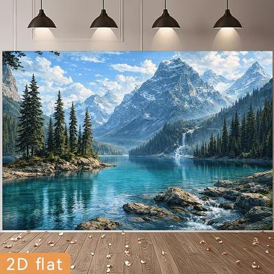 2D Snow Mountain Pine Forest Turquoise Lake Backdrop for Outdoor Nature Portrait Photoshoot