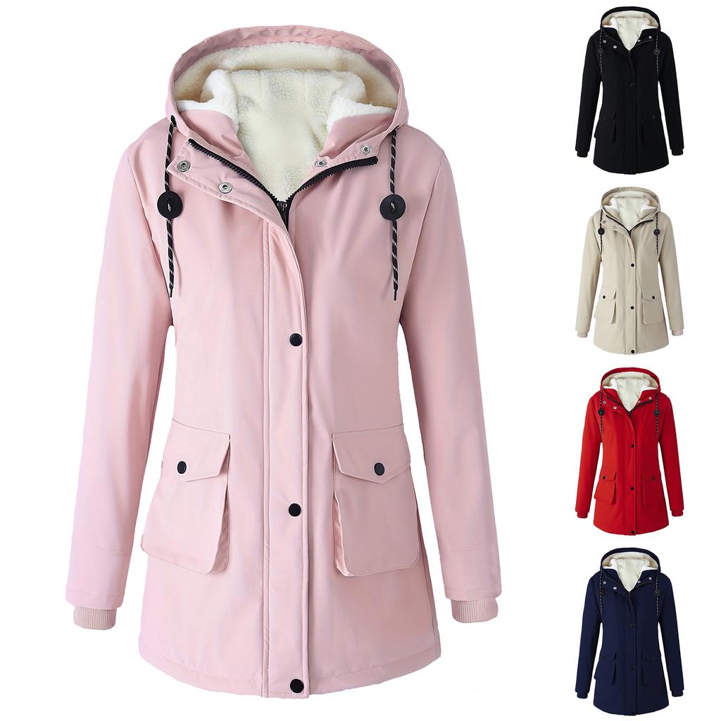 Women's Plush Jacket, Casual Solid Color Hooded Drawstring Jacket