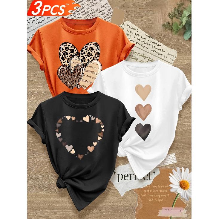 3 Women's Heart-shaped Print Item T Shirt Casual Round Neck Short Sleeve Top With Perfect Aphorism Leopard Print and Heart-shaped