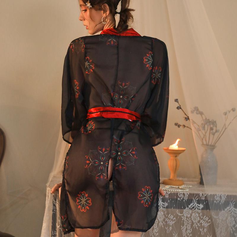 Erotic Black Japanese Kimono Lingerie Set