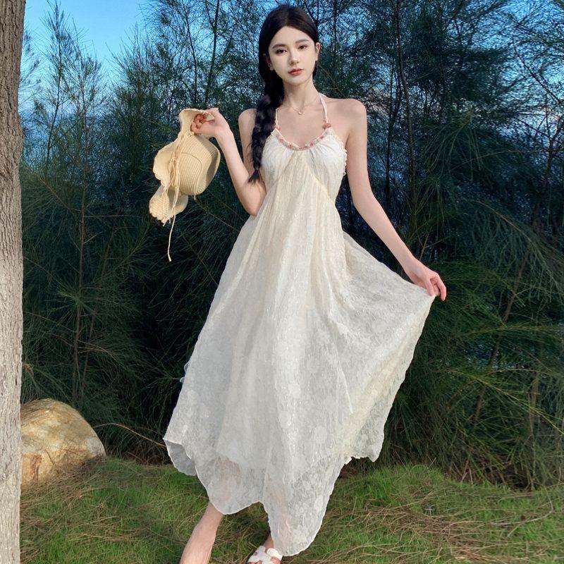 Women Halter Neck Long Dress Sleeveless Backless Jacquard Fairy Dress Summer Beach Vacation French Style Dress