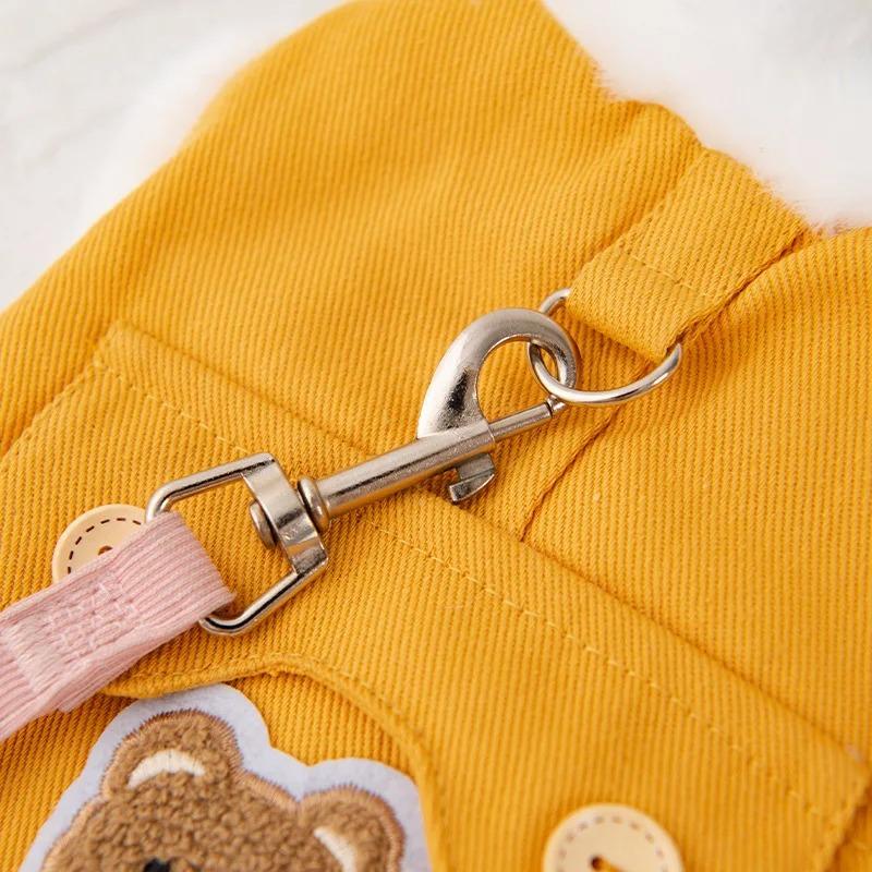 Cute Bear Embroidered Dog Vest with Fleece Lining, Denim Pet Harness Vest for Small Dogs Chihuahua Yorkie