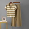 Cross-Border Foreign Trade Summer Fashion Set V-neck Short Sleeve Striped Knitted Top Fashion Slim Fit Wide Leg Pants Two-piece Set