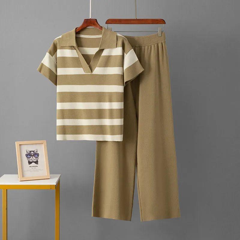 Cross-Border Foreign Trade Summer Fashion Set V-neck Short Sleeve Striped Knitted Top Fashion Slim Fit Wide Leg Pants Two-piece Set