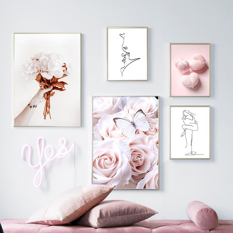 Pink Sweet Flowers Butterfly Love Kissing Line Abstract Canvas Painting Posters Prints Nordic Wall Art Pictures for Home Decor