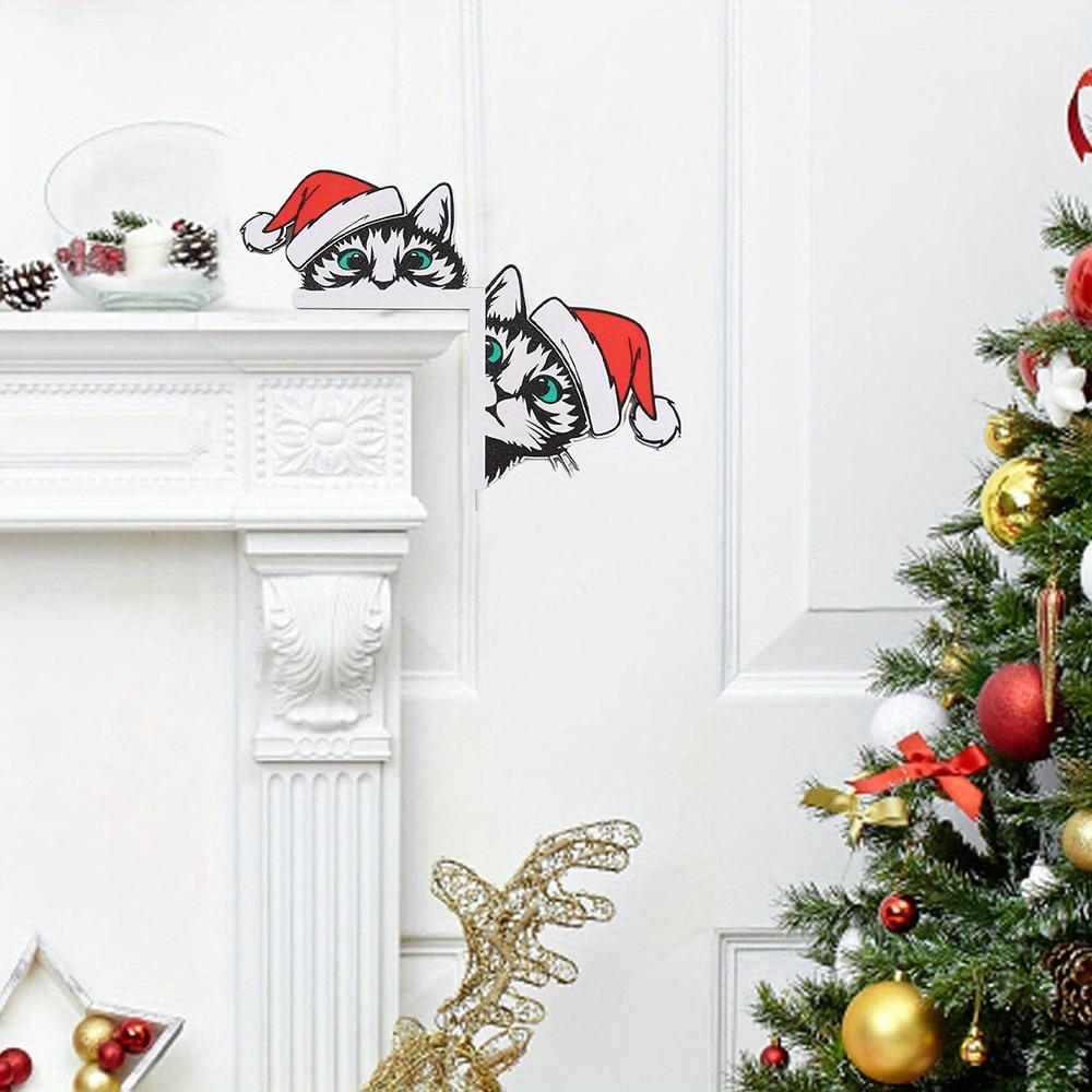 1pc Christmas Cat Door Frame Decoration - Santa Hat Cats with Green Eyes, Artificial Wood Indoor/Outdoor Holiday Decor