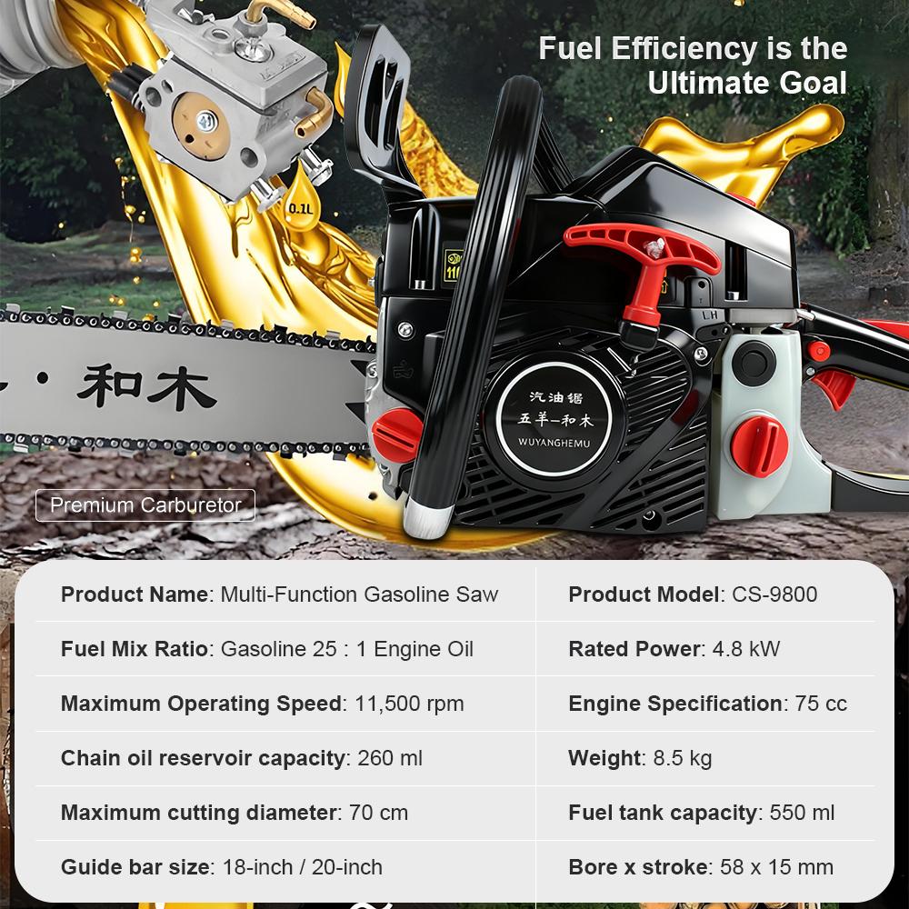 High-Power Gasoline Chain Saw 4800W Effortless Logging Chain Saw Handheld Chainsaw for Tree Felling and Woodcutting