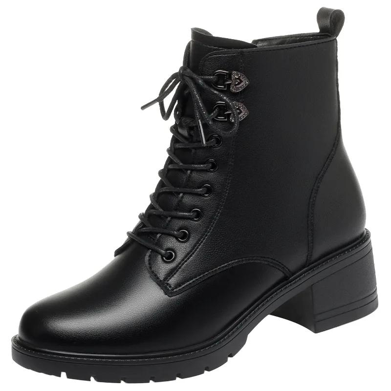 4.5cm Comfortable Med Square Heels Soft Leather Shoes Women's Platform Botas Winter 2025 Short Plush Warm Ankle Boots Office Mom