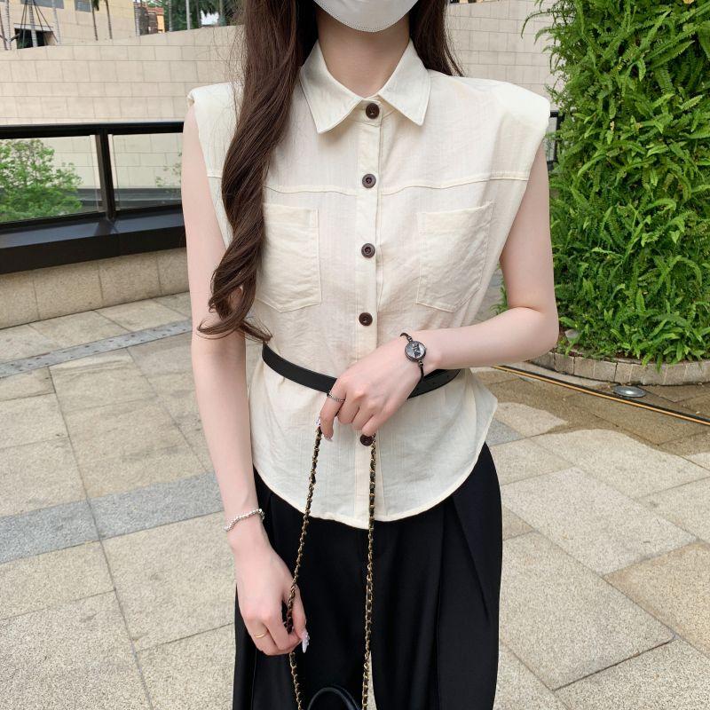 

Korean Style Fashion Commuter Ol Lapel Single Breasted White Temperament Wild Slim Looking Sleeveless Shirt Shirt Belt for Women Apricot color XL