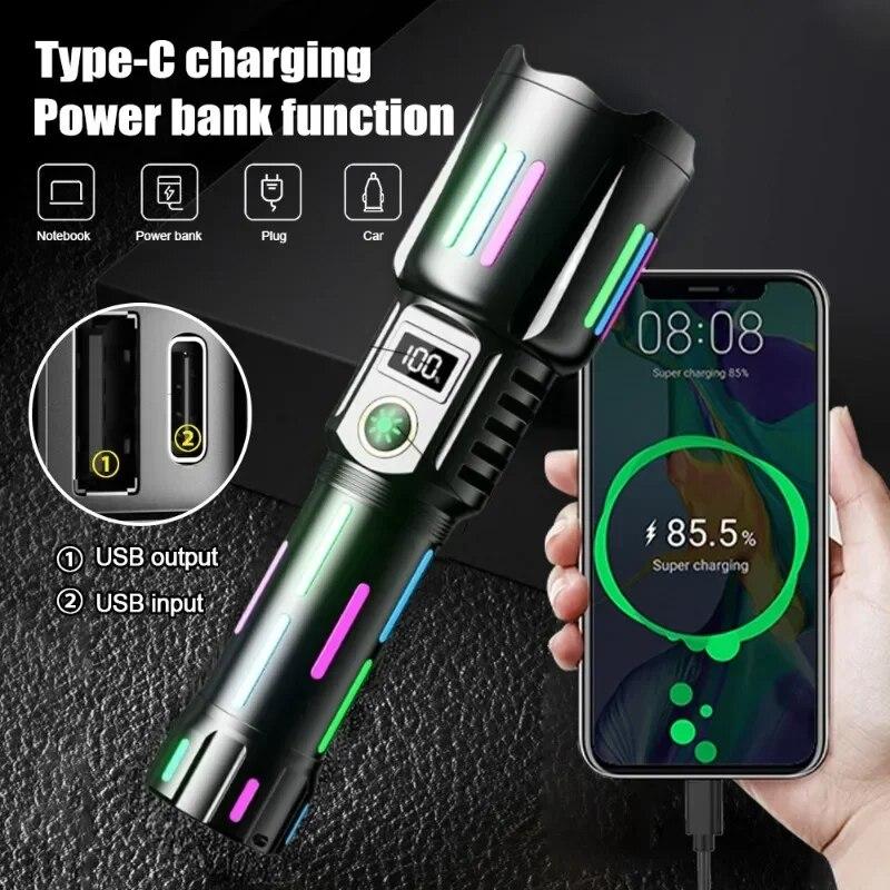 High Power White Laser Flashlight with Luminous  Strips  TYPE-C Rechargeable Zoomable Camping Lamp With Battery Indicator
